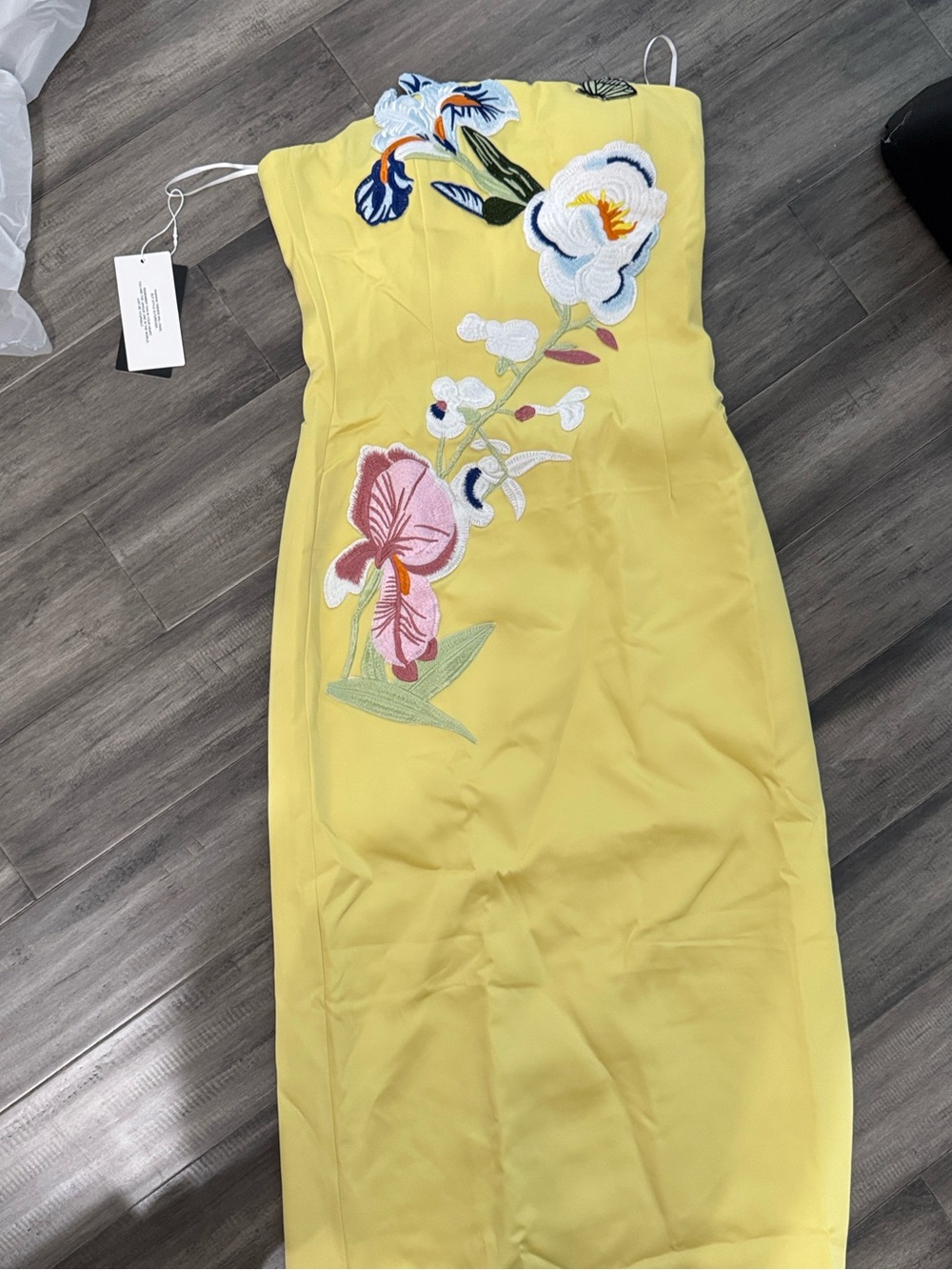 SHEIN Yellow Strapless Midi Dress with Floral Embroidery Rayna appliqué dress